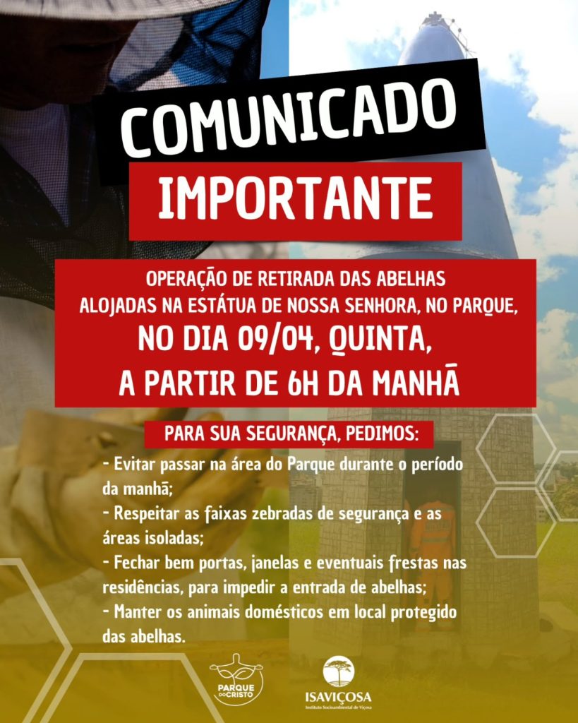 Comunicado: retirada de enxame de abelhas da estátua de Nossa Senhora