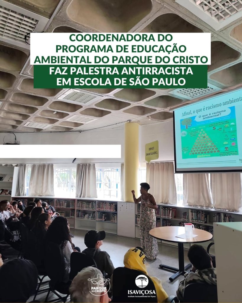 Coordenadora do Programa de Educação Ambiental do Parque do Cristo faz palestra antirracista em escola de São Paulo
